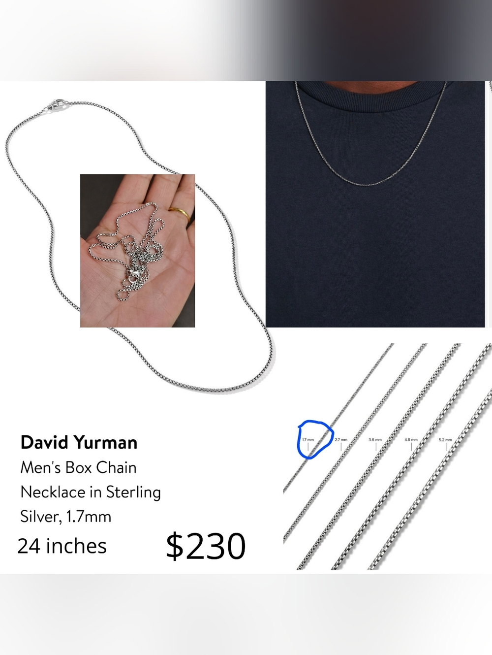 David Yurman Sterling Silver Box Chain Necklace - Silver. #002